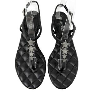 Chanel CC Star Charm Quilted Leather Flat Sandals Black 37.5‎